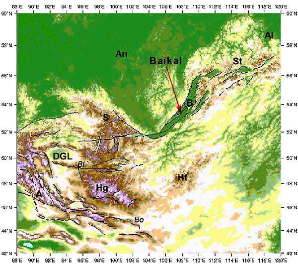 Carte régionale autour du rift Baïkal